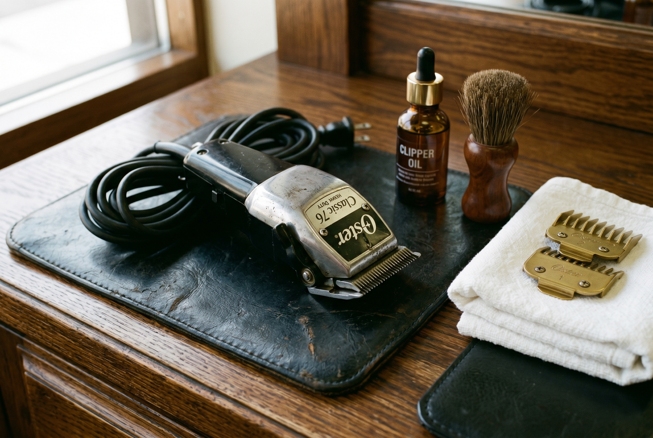 Clippers at rest on a leather pad with oil and brush