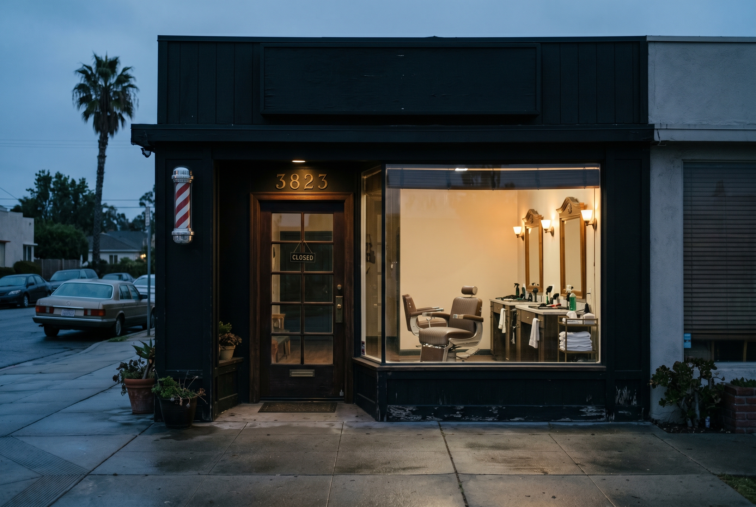 Origins Barbershop storefront at dusk